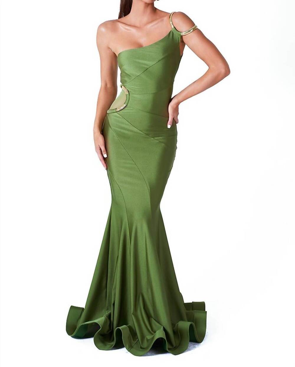 NEW JOLENE one shoulder cutout bodice prom dress in olive